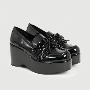 Mocasines de Plataforma con Tacón de Cuña de 9 cm para Mujer, en Charol Negro, con Volantes y Lazo, Estilo Gótico, Zapatos Chunky Harajuku Creepers para Damas - Product Image 2