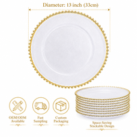 Assiettes de présentation transparentes avec bordure perlée dorée, rondes de 13 pouces, durables, pour mariages, fêtes, Thanksgiving et autres occasions.