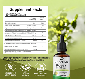 Gouttes liquides OEM de Rhodiola Rosea, Ashwagandha, Safran et extrait de SAMe – Soutien pour l'humeur, le cerveau et l'énergie – Complément alimentaire végétalien - Product Image 3