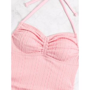 Traje de baño de una pieza para mujer, estilo halter, con fruncido y cordón lateral, de nailon y elastano elástico, para playa - Product Image 4