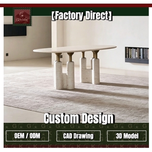 Mesa de Comedor Ovalada Moderna GOLDKING de Travertino con Tapa Beige, Patas de Bloque Doble con Acabado en Latón, Diseño Personalizado, Directo de Fábrica - Product Image 1