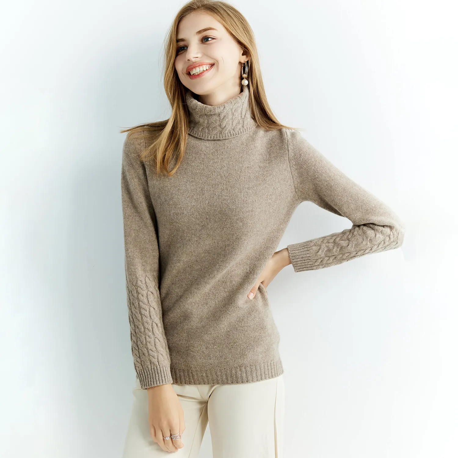 Pulôver de malha quente de gola alta de lã merino para mulheres e senhoras, suéter de inverno de fábrica OEM