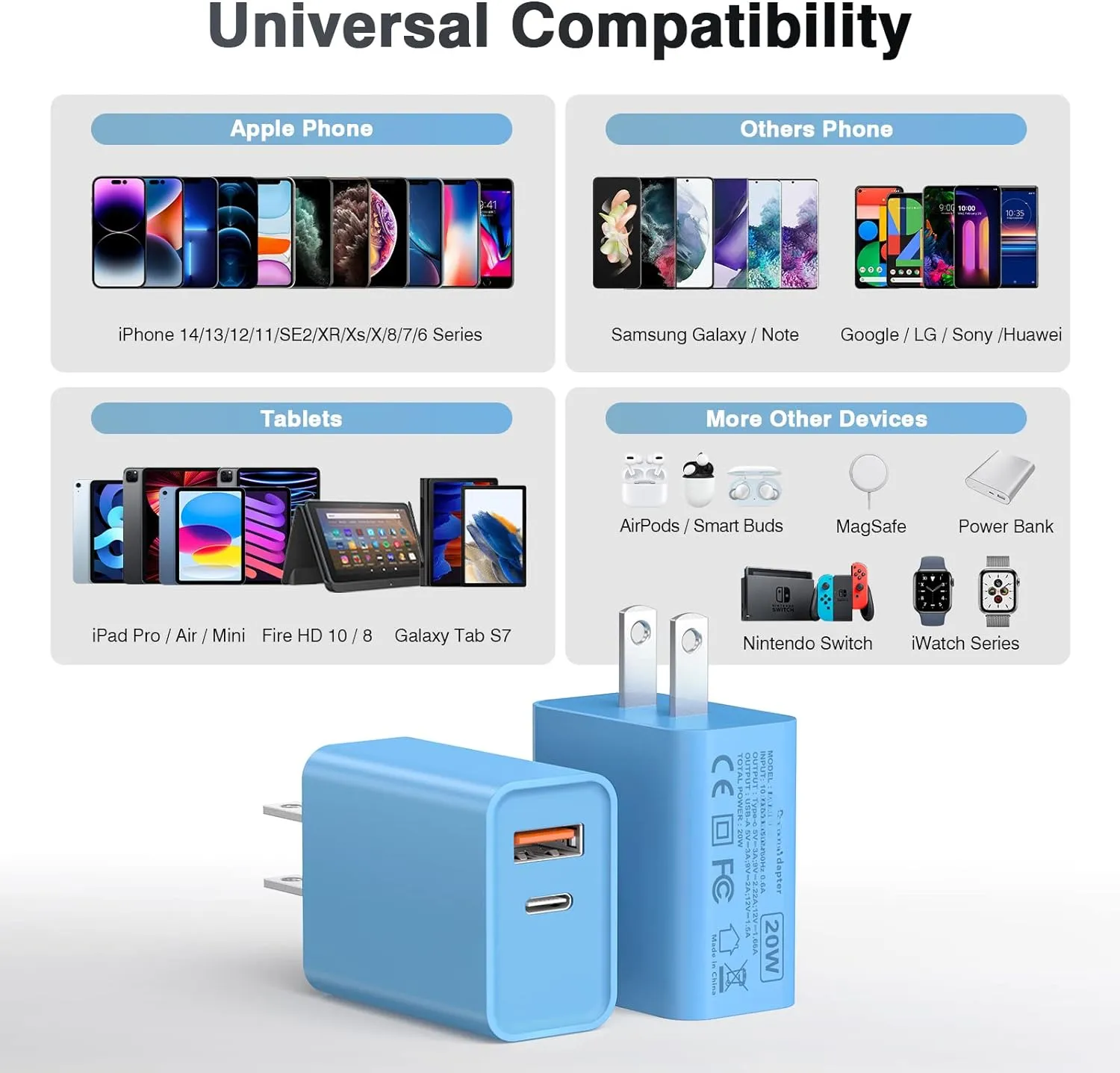 20W USB C USB A Wall Charger Dual Port PD Fast Charging Block for Watch Phone Smart Blue