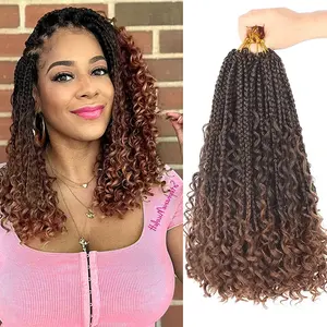 Wholesale Goddess Locs Messy Box Braids Crochet Bohemian Hair With Curly Ombre Burgundy Pre-Looped Boho River Box Braided