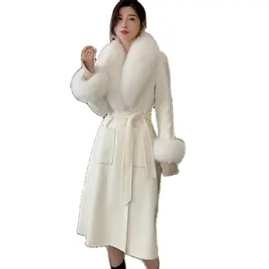 Factory Customize Fashion Women Winter Woolen Overcoat Faux Fox Fur Coat