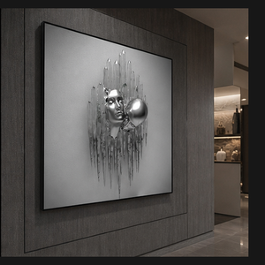 Impresión <span class=keywords><strong>de</strong></span> Arte Mural Abstracto Monocromático con Rostro, Retrato en Gris Plateado para Sala <span class=keywords><strong>de</strong></span> Estar, Dormitorio, Recepción, Interiores Contemporáneos - Product Image 6