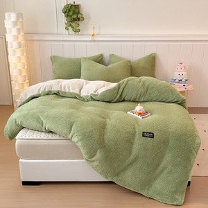 Parure de lit 4 pièces en velours de lait polaire <span class=keywords><strong>demi</strong></span>-face avec drap-housse matelassé, gris froid uni, doux et chaud - Product Image 3