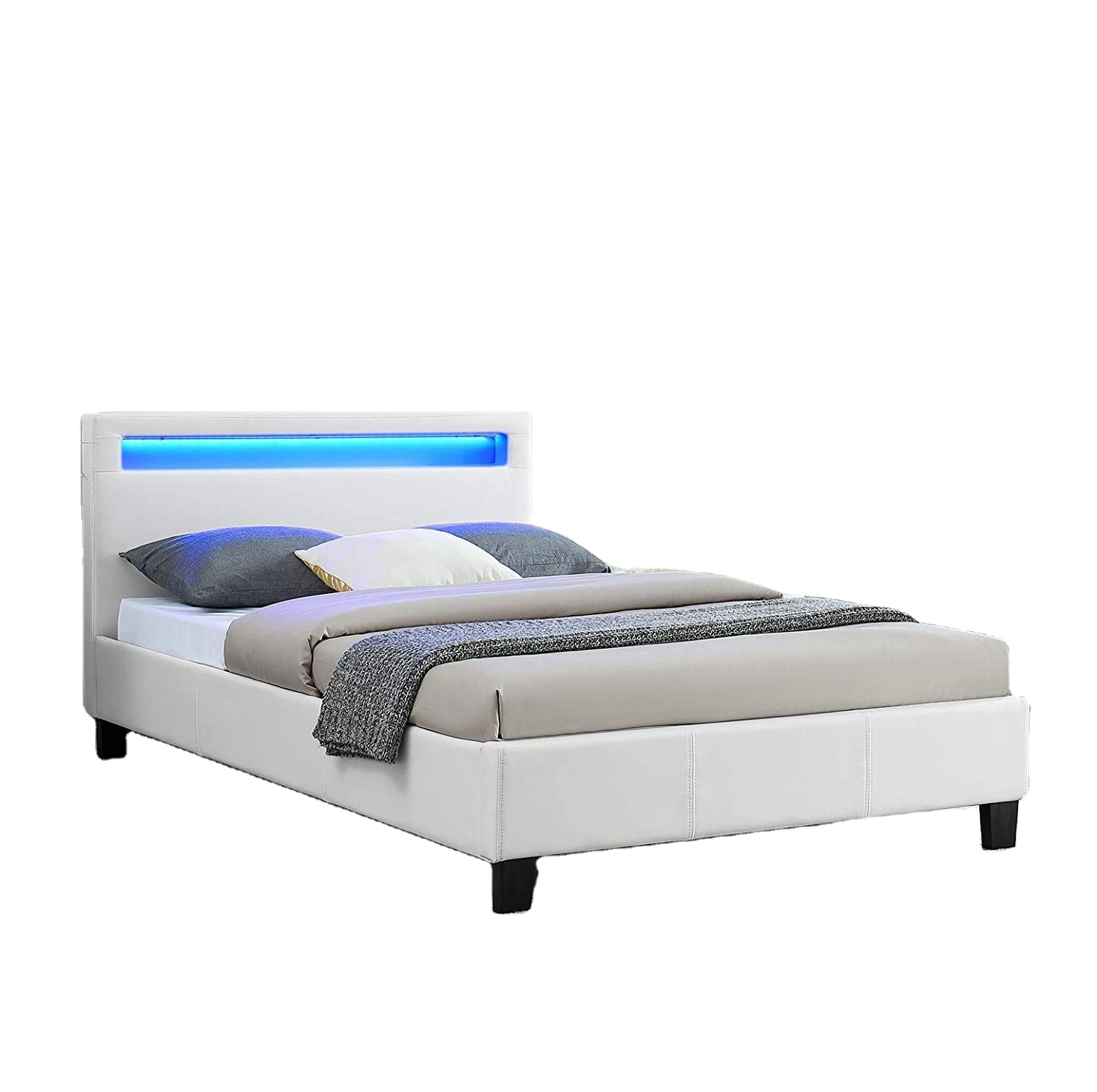 Desain Modern Disesuaikan Lampu LED 5 Warna Bingkai King Bed Infra Merah Ukuran Penuh Putih Kulit Pu Lembut Tempat Tidur Led