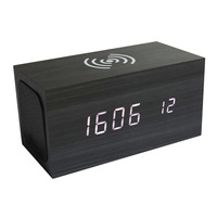 Qi desktop pengisian nirkabel reloj despertador suhu lampu LED kontrol suara kayu multi-fungsi jam alarm speaker