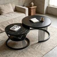 Ensemble de tables basses modernes à effet marbre noir, plateau en métal, table ronde pour le salon