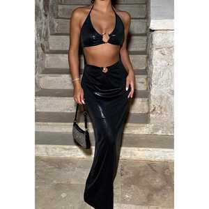 Vestido de Fiesta de Lujo Negro Halina con Abertura Brillante, Silueta de Cintura Imperio, Lentejuelas, Perlas, Flores y Plumas, Largo hasta el Suelo - Product Image 5