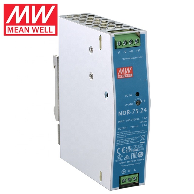 MeanWell NDR-75-24 75W Single Output Industrial DIN Rail Power Supply 12V/24V/48V DC 50Hz 1.6A-3.2A Current 3-Year Warranty