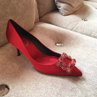Escarpins à talon aiguille en satin ivoire avec strass et boucle carrée, bout pointu, à enfiler, pour femme, grandes tailles 33-42, chaussures de mariée