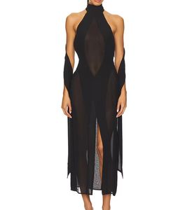 कस्टम अपरिभाषित महिला आकस्मिक पोशाक बुना प्राकृतिक कमर सेक्सी ठोस पैटर्न सरासर चिफ्लिन हैल्टर मैक्सी लंबाई - Product Image 1