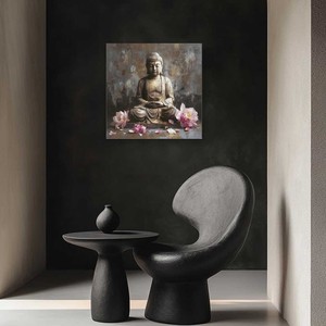 Statua di Buddha con fiore di loto, quadro su tela, dipinto a olio floreale zen religioso per l'arredamento del soggiorno - Product Image 3