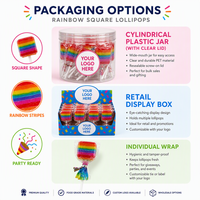 Sucette carrée arc-en-ciel en couches, bonbon dur aux fruits, OEM, marque privée, logo personnalisé, couleurs vives, cadeau de fête d'anniversaire pour enfants, sucré