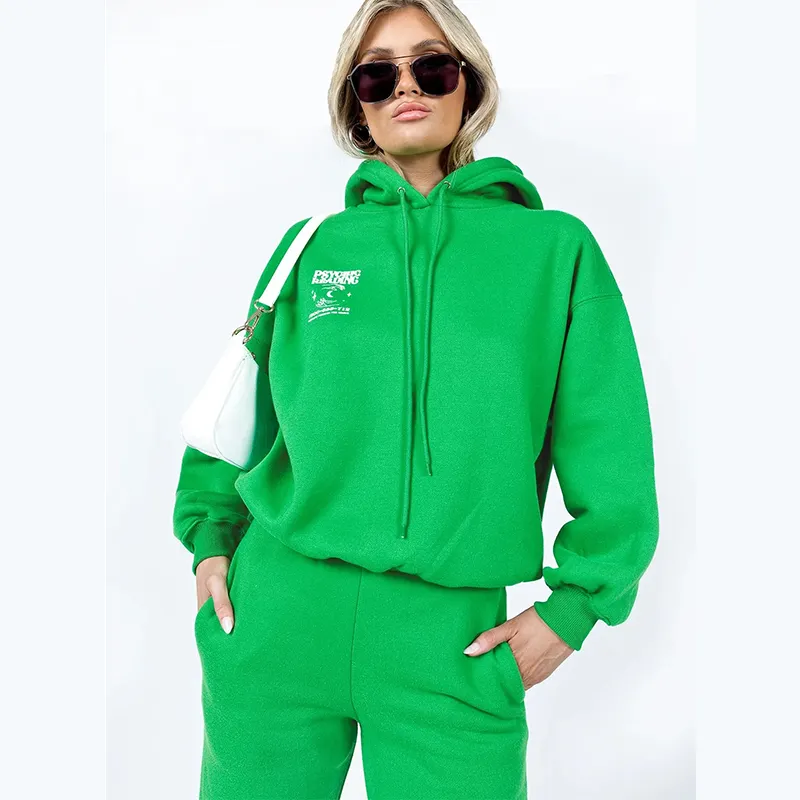 Wholesale New Design Oversize Drawstring Hood Green Women Crop Hoodie