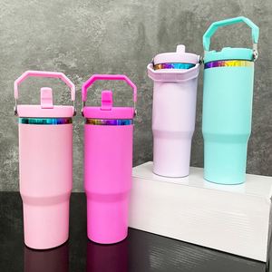 แก้วน้ำเก็บความเย็นสแตนเลสเคลือบสีรุ้งแบบซับลิเมชั่น ขนาด 30 ออนซ์ สีมาการอง พร้อมหูหิ้วพกพาและหลอดดูดแบบพับได้ - Product Image 1
