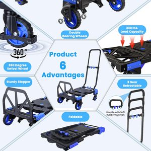 2-1 330LBS Folding Hand Truck <strong>Dolly</strong> Retractable Handle &amp; 4 Rubber <strong>Wheels</strong> Hand Cart Foldable for Travel/Luggage/Office/Moving - Product Image 4