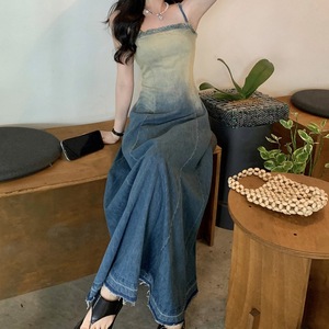 Personnalisé A-ligne décontracté sans manches <span class=keywords><strong>dégradé</strong></span> bleu robes été fronde coton Denim longue Stretch Maxi Maxi robe dos nu femmes vente entière - Product Image 3