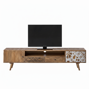 Meuble TV en bois de manguier massif MANGALAM ART EXPORT avec rangement, unité multimédia en bois, design européen, fait main pour salon - Product Image 1