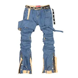 DiZNEW Custom Denim Blue Jeans Men's Stylish Pants Hip Hop Pants Folds Stacked Pants