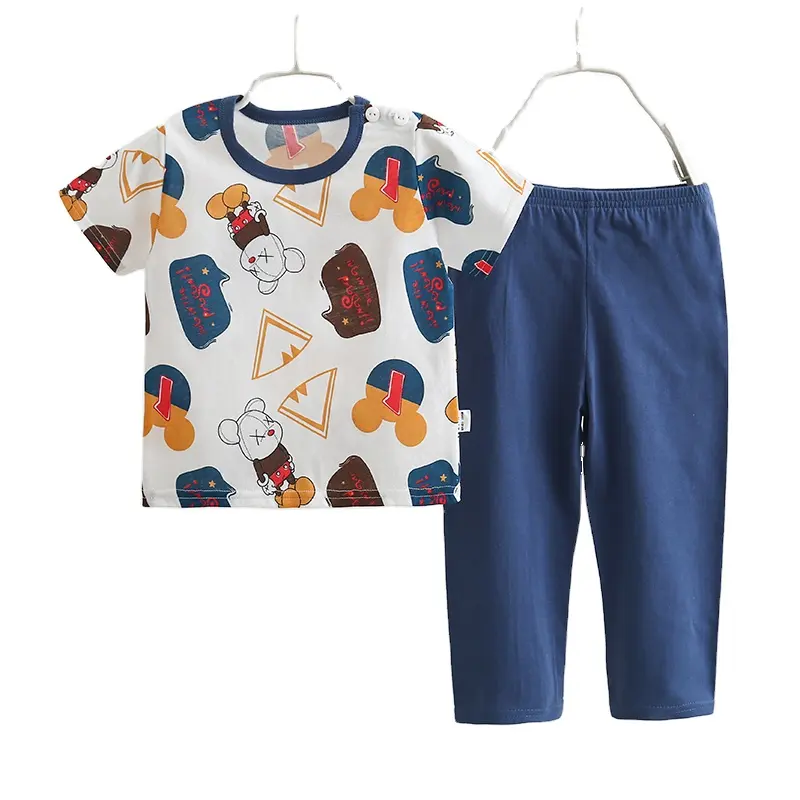 Conjunto pijama infantil, primavera verão atacado meninos e crianças 100% algodão traje de manga curta crianças roupas com preço barato