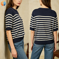 Pull en tricot rayé en mélange de laine pour femme 2026, anti-boulochage, décontracté, à manches courtes, col doux, pour usage quotidien, vente en gros OEM/ODM