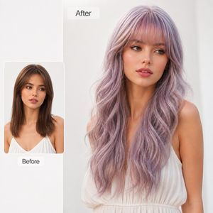 Perruque longue ondulée lavande à franges, résistante à la chaleur, en <span class=keywords><strong>cheveux</strong></span> synthétiques, couleur violet pastel, pour femmes, mode quotidienne, directement de l'usine - Product Image 2