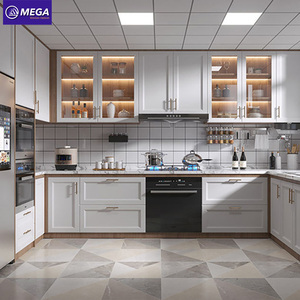 Armoires de cuisine sur mesure, finition laquée blanche avec porte en verre LED, vente en gros d'ameublement de cuisine en usine - Product Image 1