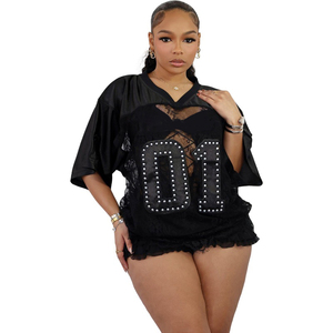 Top Oversize Nero in Pizzo Trasparente Floreale da Donna con Scollo a V, Spalle Cadenti e Orlo Arricciato, Stile Streetwear, Maglia da Calcio 2026 - Product Image 1