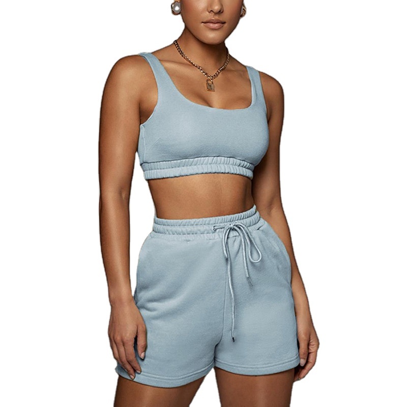 Women Stylish 2 Piece Casual Cotton Tracksuit Fitness Tank Top Drawstring Shorts Workout Suit Sport Bra And Shorts Yoga Set