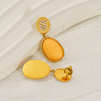 Boucles d'oreilles pendantes ovales jaunes en acier inoxydable 304 plaqué or 18 carats sous vide, avec pierre claire et bordure dorée, 33x13mm, bijoux pour femmes