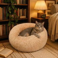 Coussin rond en peluche à poils longs pour animaux de compagnie, lit douillet pour chien et chat en fibre de polyester pour dormir en intérieur
