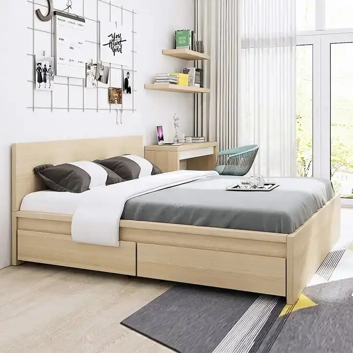 YIFAN, cama doble de madera, muebles de diseño con cajones, juego de ahorro de espacio, plataforma moderna, almacenamiento, muebles de dormitorio