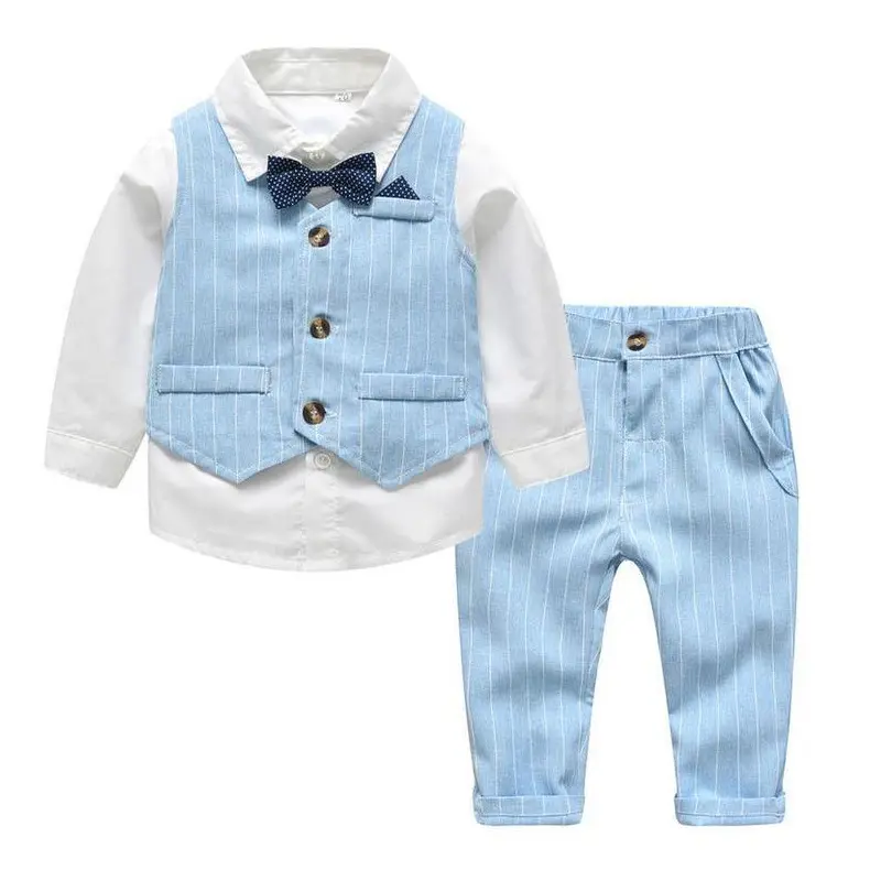 KB8003 Roupas infantis por atacado de algodão azul, colete, traje, camisa e gravata borboleta, roupa formal para meninos de 3 anos, conjunto de roupas para meninos, mais vendidos