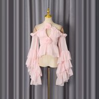 Ensemble deux pièces en mousseline rose clair à fleurs 3D, épaules dénudées, volants, manches évasées, crop top et jupe longue, vente en gros d'usine