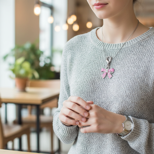 Ciondolo a Forma di Fiocco Rosa con Strass, Placcato Argento, Accessorio di Moda - Product Image 3