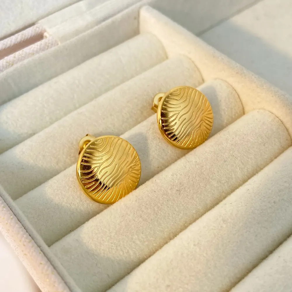 French Vintage Irregular Stripe Earrings Joyas de Acero Inoxidable Accessories Daily Stainless Steel Gold Plated Round Earrings