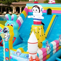 Structure gonflable combinée Lapin Astronaute Spatial à double toboggan avec souffleur, en PVC bleu, pour enfants, idéale pour les fêtes d'anniversaire sur le thème de l'espace dans le jardin