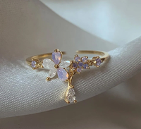Cincin terbuka bunga kupu-kupu hati Sakura merah muda untuk wanita hadiah perhiasan cincin mode kristal berlian imitasi lucu