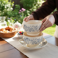 Service de vaisselle en céramique écologique de style français vintage, motif végétal, bleu azur rêve, rétro, pour dessert, gâteau, thé de l'après-midi, pâtisserie
