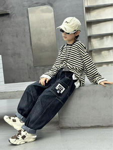 Pantalon en denim à jambe large pour garçon avec taille élastique poches multiples-Tissu décontracté et long non extensible, confort en toute saison pour - Product Image 6