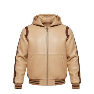 Custom Men's Beige Genuine Leather Tracksuit Set with Brown Contrast Stripe Details – Luxury Hooded Bomber <b>Jacket</b> and Cargo Pock - Product Image 1