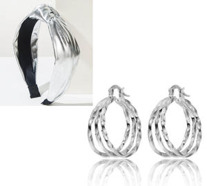 Set di Abbigliamento Casual da Donna, Tendenza Moda, Fasce per Capelli in Pelle PU Tinta Unita, <span class=keywords><strong>Orecchini</strong></span> a Cerchio Color <span class=keywords><strong>Argento</strong></span> - Product Image 5