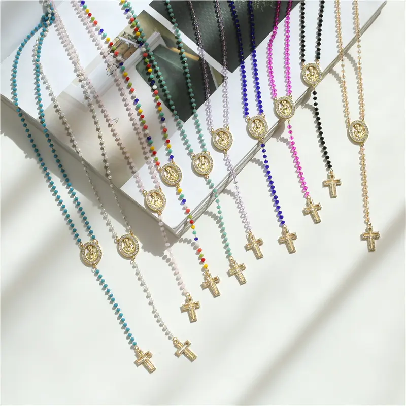 Colgante de acero inoxidable con forma de cruz para mujer, collar de oro de 18k con piedras de colores de la Virgen María