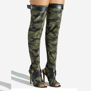 Stivali Alti da Donna con Cerniera Frontale, Elasticizzati, Estivi, con Fibbia a Cinghia Incrociata, Sopra il Ginocchio, Punta Aperta, Tacco Alto, Scarpe Camouflage - Product Image 1