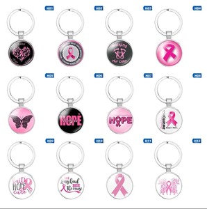 Pink Ribbon Keychain Caring for Breast Cancer Breast Cancer Awareness Glass Cabochon Keychains Bag Car Pendant Keyring Jewelry
