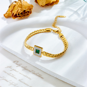 Women's Gold Plated Emerald Square Pendant Necklace And <b>Bracelet</b> <b>Set</b> Geometric Design Everyday Wear Jewelry <b>Set</b> - Product Image 3