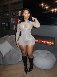 D1472-2026 Nuovo Prodotto Abito Mini Sexy Aderente Monocolore a Maniche Lunghe Elasticizzato Trasparente Lucido in Olio di Cavallo per Donna - Product Image 4